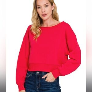 Zenana Fleece Off The Shoulder Boat Neck Cropped Sweatshirt Ruby Red